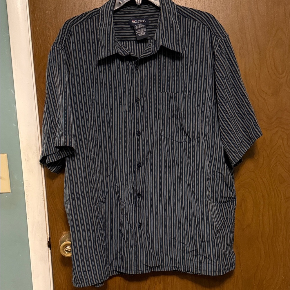 Puritan Navy Short-Sleeve Button-Down with Stripes Size XL(46-48)